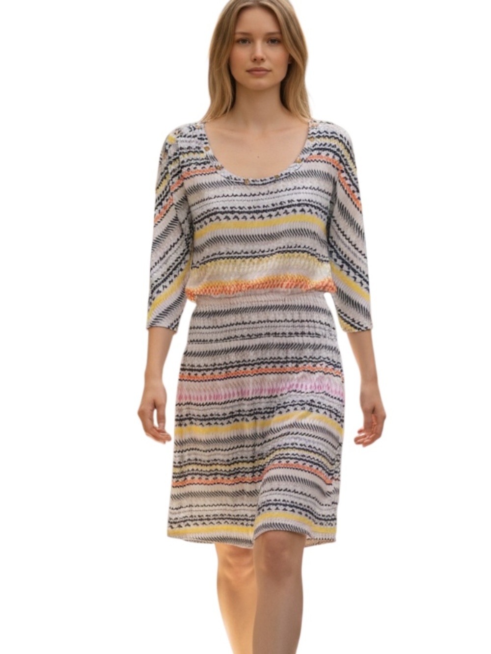 Guess Striped Scoop-Neck Midi Dress in White, Yellow, Pink and Navy